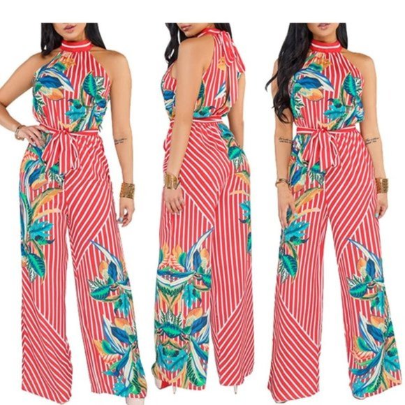 Pants - NWT High Neck Wide Leg Tie Waist Tropical Jumpsuit